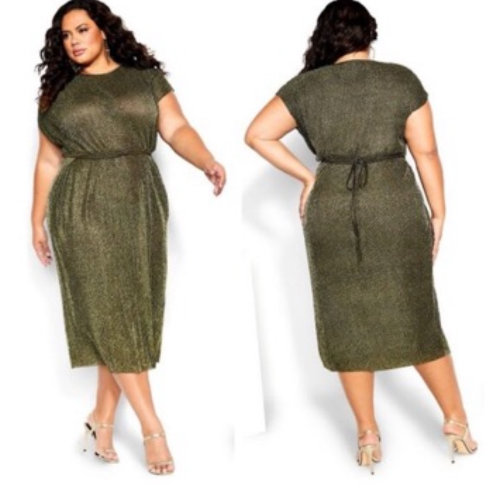 City Chic Belted Metallic Gold Midi Dress